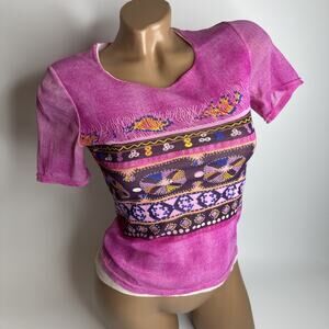 OGIRL Pink Mesh Ethnic Print Double Layer Top Sz XS Y2K Retro Indie Fairycore